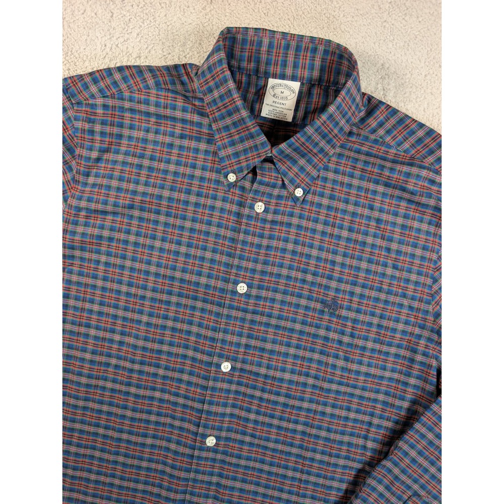 Brooks Brothers Regent Shirt Mens Medium Blue Plaid Non-Iron Supima Cotton L/S